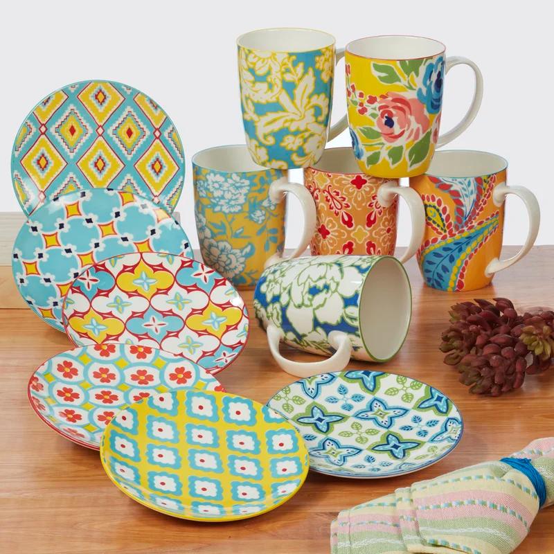 Colorful Ceramic Bohemian Floral 14oz Mug Set of 6