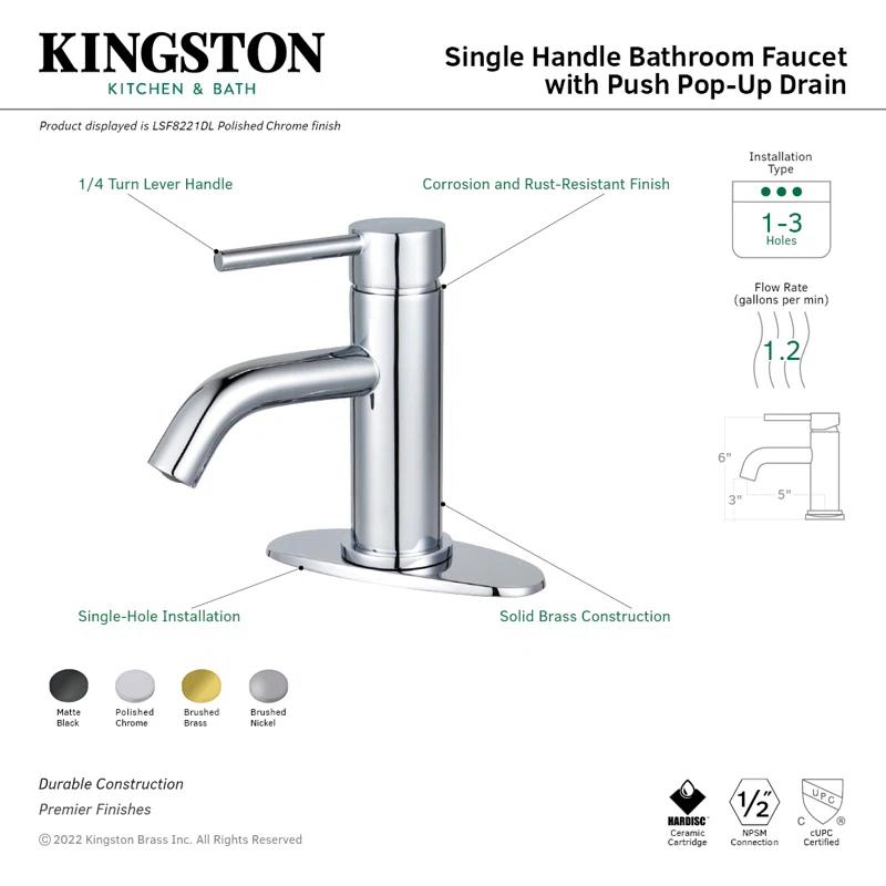 Kingston Brass LSF8223DL Kingston Brass Concord Single-Handle 1-Hole Deck Mount Bathroom Faucet with Push Pop-Up