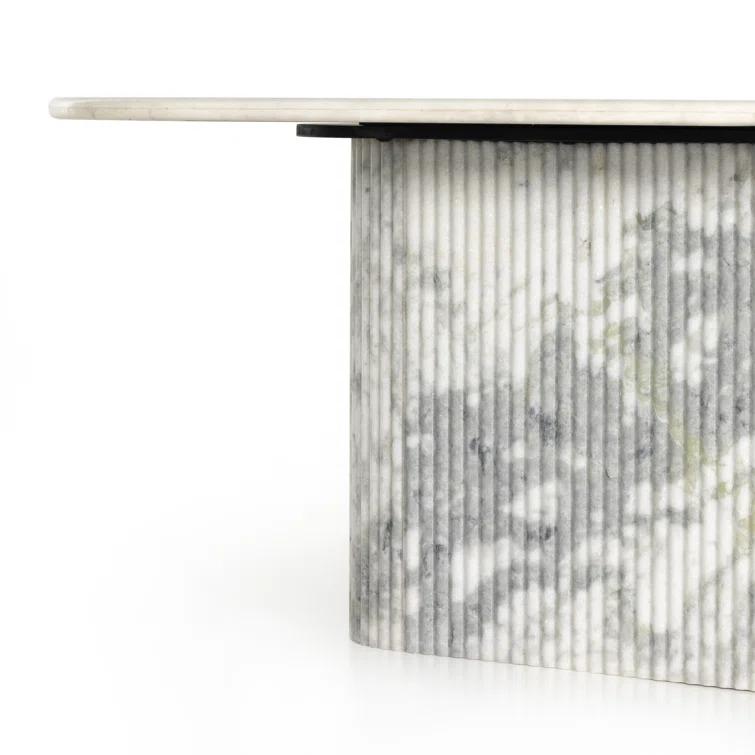 Polished White Marble Oval Dining Table with Fluted Base