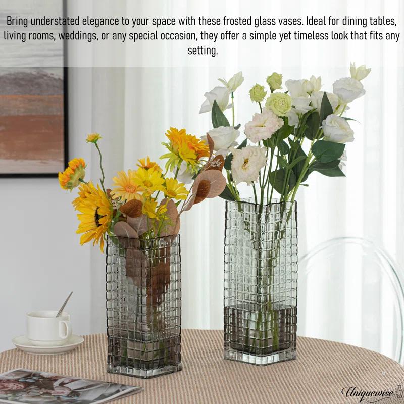 Uniquewise Set Of 10 And 12-Inch Square Frosted Gray Glass Table Vases - A Timeless Centerpiece For Dining Tables, Living Rooms, Bedrooms, Hotel Reception Areas And Conference Rooms, Ideal For Wedding Decor