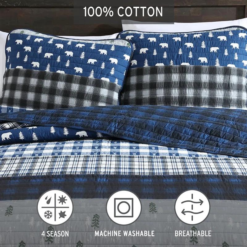 Eddie Bauer Blue Creek Plaid Cotton Reversible Quilt Set