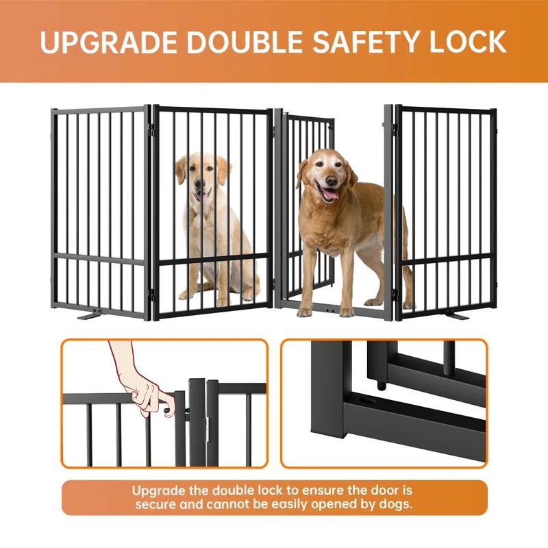 Full Matel Freestanding Dog Gate With Door, 32 Inch Height Foldable Pet Dog Fence Extra Wide Free Standing Small Dog Gates For Doorways,House,Stairs,Porch,Deck,Yard