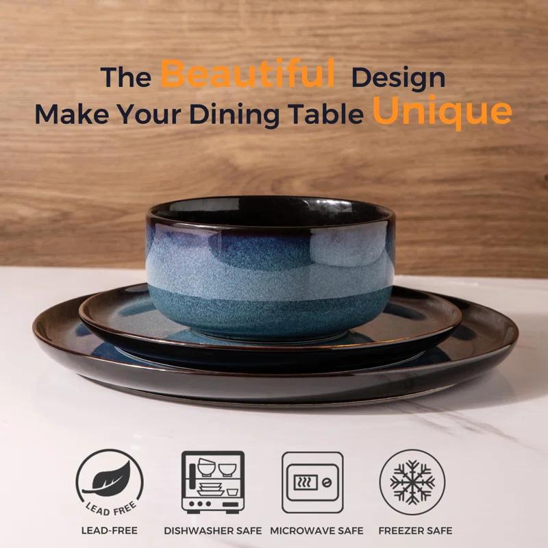 Tableware Set Of 4, Plates And Bowls Set, Handmade Reactive Glaze Cutlery Set, Chip And Scratch Resistant | Oven, Dishwasher And Microwave Safe, Set Of 4 Blue