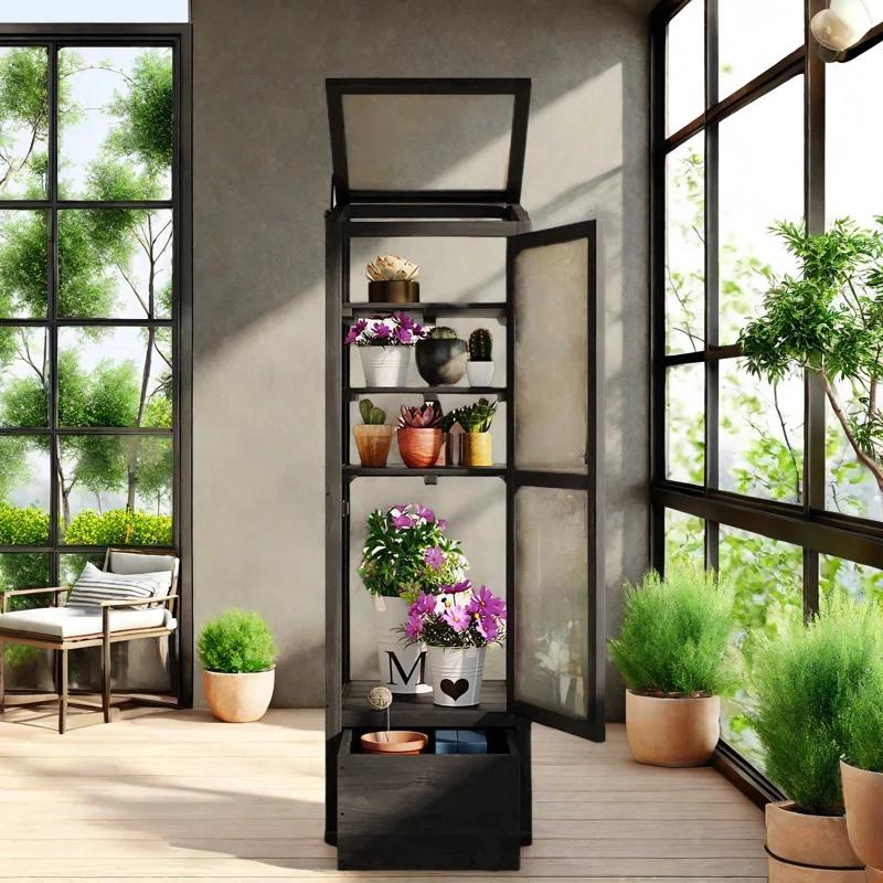 mosaicmotifco Wood Garden Greenhouse Balcony Portable Mini Cold Frame With Movable Storage Box, Adjustable Shelves And 1 Drawer