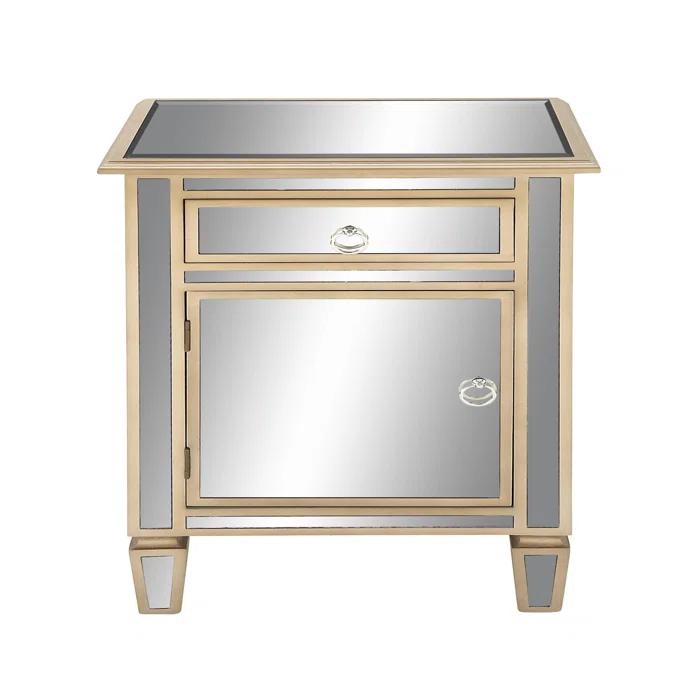 Mercer41 Alpena Glass Mirrored 1 Drawer and 1 Door Beige Cabinet