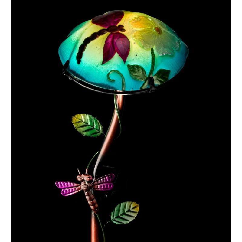 Colorful Glass Solar Mushroom Stake with Dragonfly Design