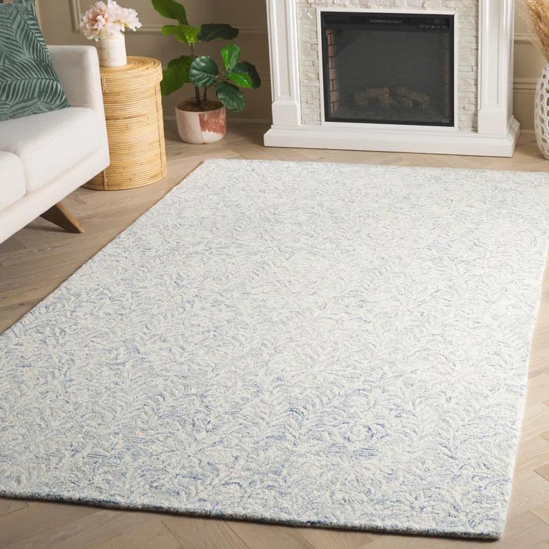 Ivory and Blue Hand-Tufted Wool Floral Rug 6' x 9'