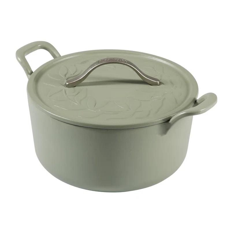 Bloomhouse 7 Qt Cast Iron Dutch Oven w/ Lid, European Enamel, & Walnut Wood Trivet - Oat White