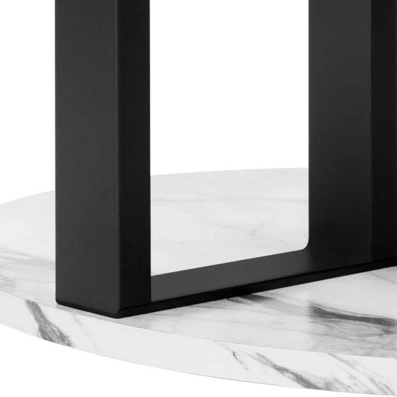 17 Stories Accent Table, Side, Round, End, Nightstand, Lamp, Living Room, Bedroom, White Marble Look Laminate, Black Metal, Contemporary, Modern