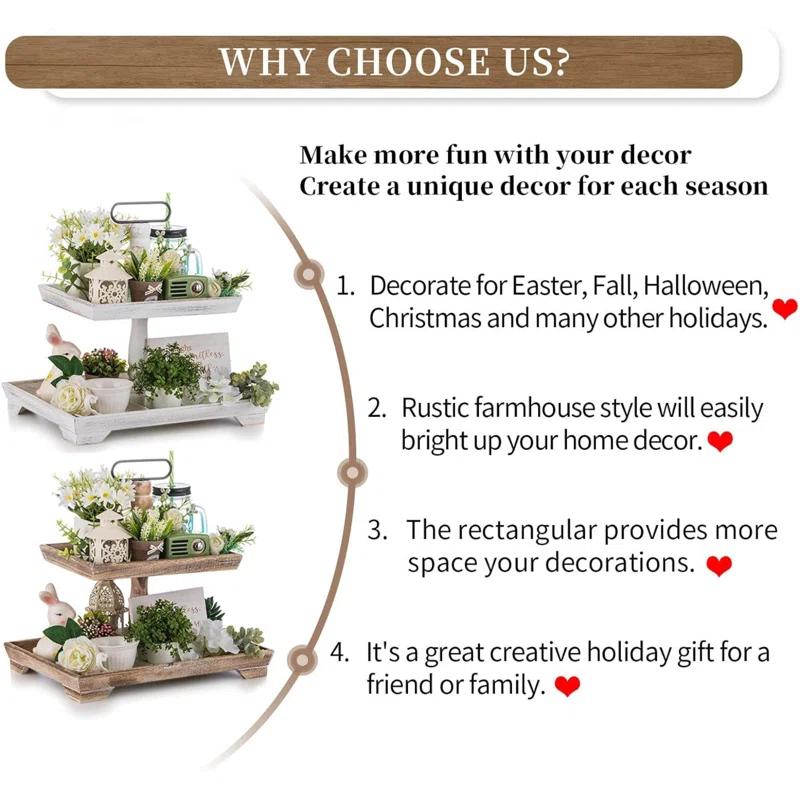 Ophelia & Co. Farmhouse Tiered Tray Stand: Rustic Wood 2 Tier Serving Tray Decor Two Rectangle Wooden For Kitchen Counter Centerpieces Coffee Bar Easter Fall Halloween Thanksgiving Christmas