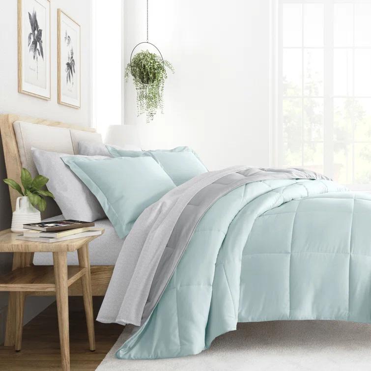 IEnjoy Home 7-Piece Reversible Bedding Bundle - Solid Comforter and Patterned Sheet Set