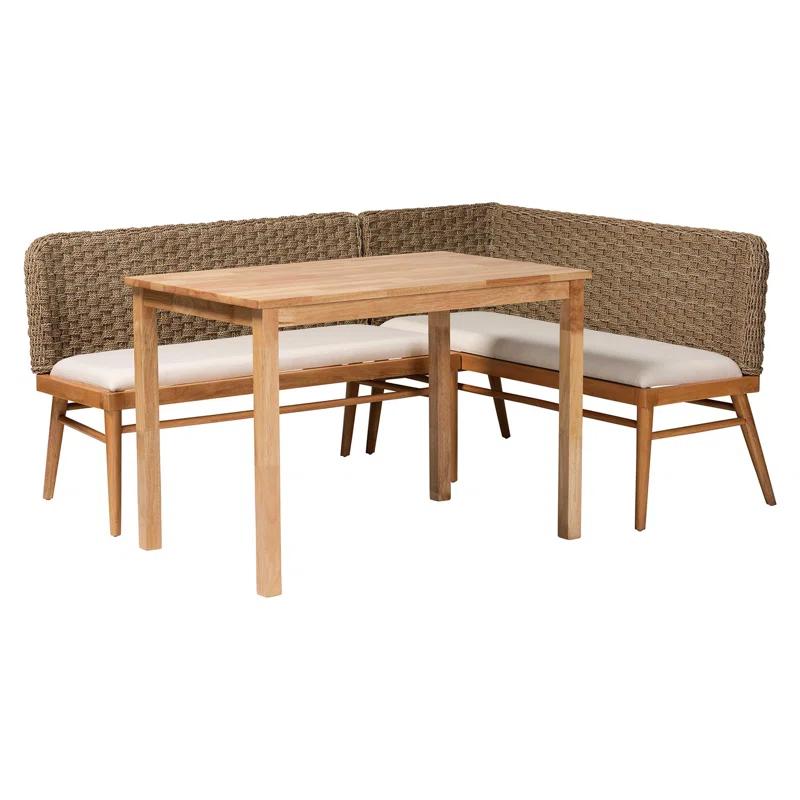 Highland Dunes Aafrin Bali & Pari Denver Modern Bohemian Natural Seagrass And Acacia Wood 3-Piece Dining Nook Set