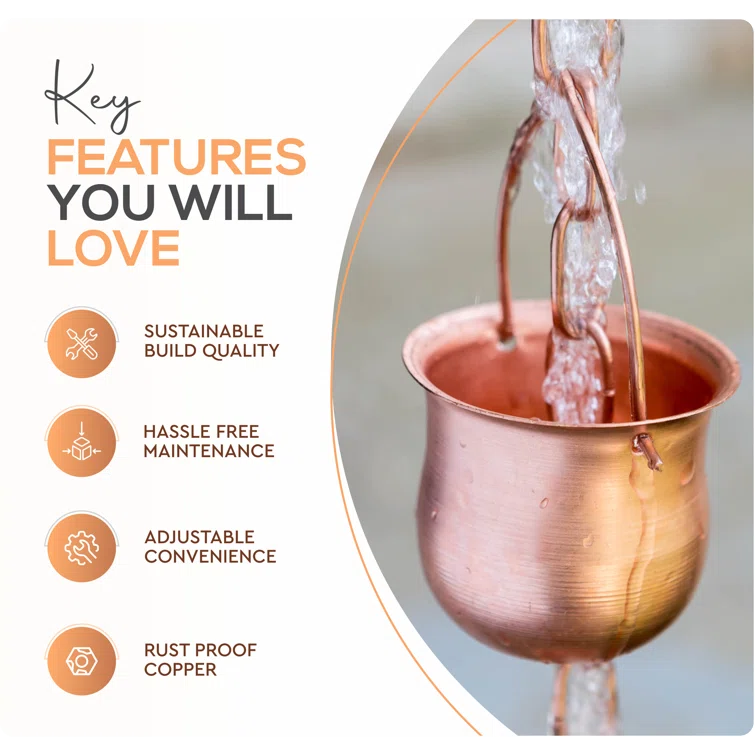 Marrgon Marrgon Copper Rain Chain with Pot Style Cups for Gutter Downspout Replacement