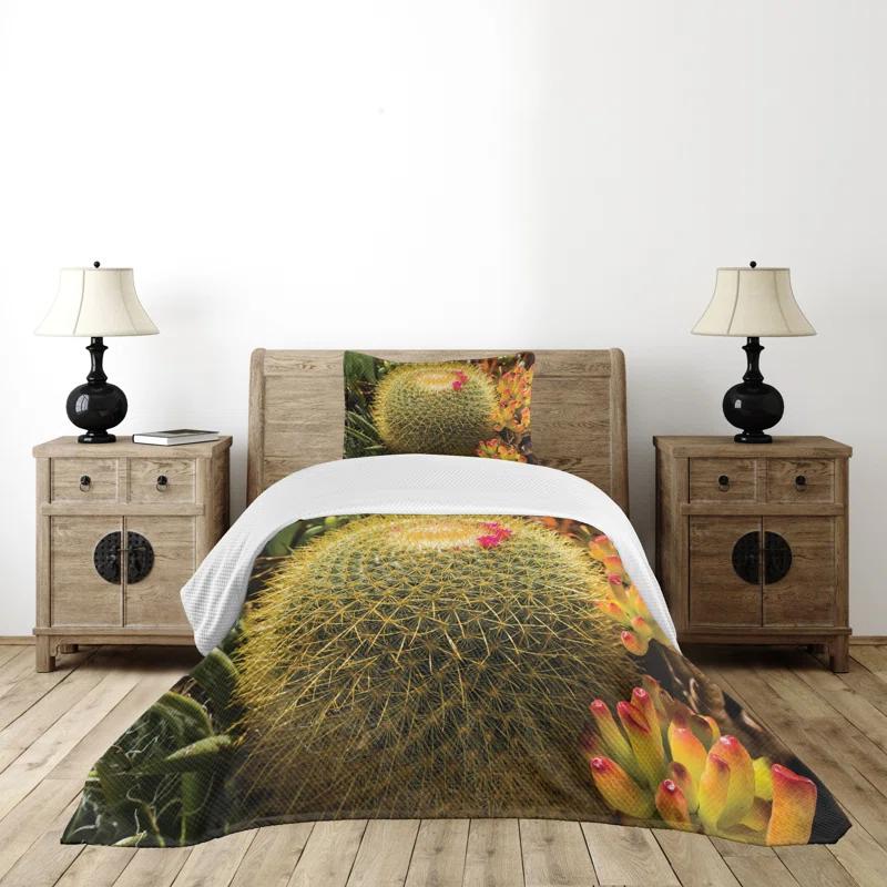 Ambesonne Ambesonne Flower Bedspread Set Cactus Plant with Spikes Green and Pink