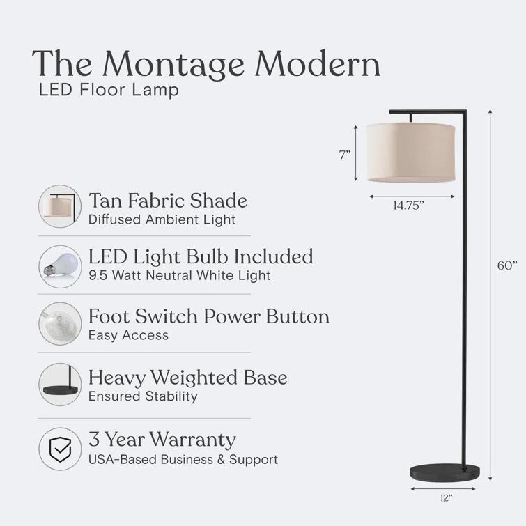 Montage Modern 60 in. Mid-Century Modern LED Floor Lamp with Fabric Drum Shade