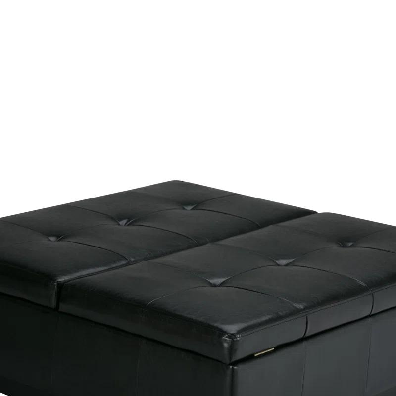Simpli Home Dover 36"W Upholstered Square Coffee Table Storage Ottoman with Split Tufted Lift Top