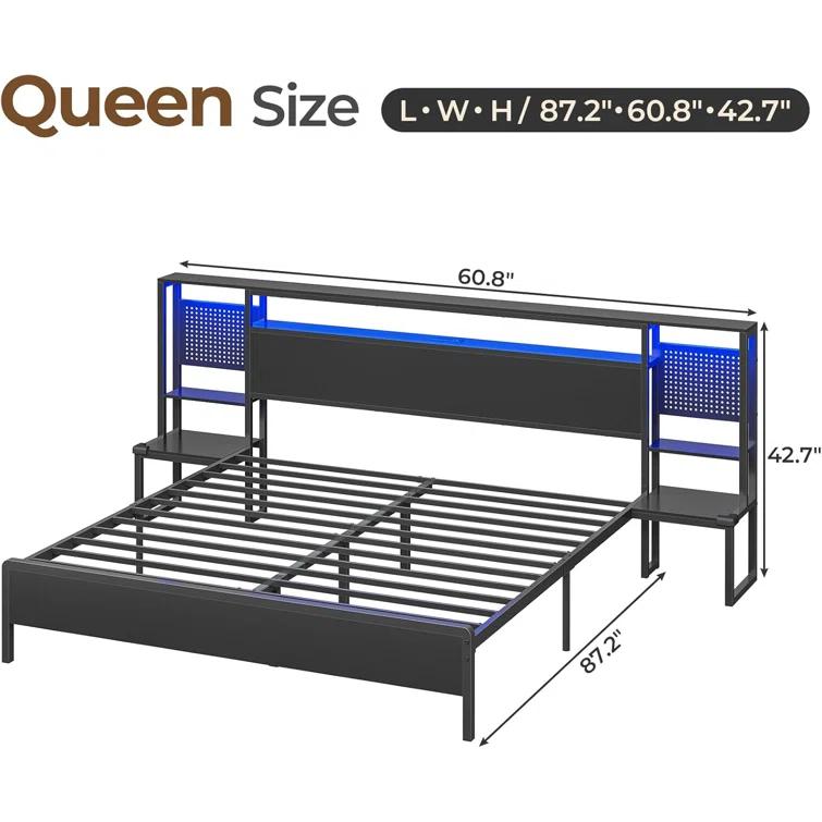 Ivy Bronx Bed Frame With Storage Headboard & Power Outlet, Metal Platform Bed With Led Lights, No Box Spring Needed, Strong Metal Slats, Noise-free, Industril Black