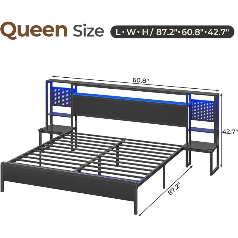 Ivy Bronx Bed Frame With Storage Headboard & Power Outlet, Metal Platform Bed With Led Lights, No Box Spring Needed, Strong Metal Slats, Noise-free, Industril Black