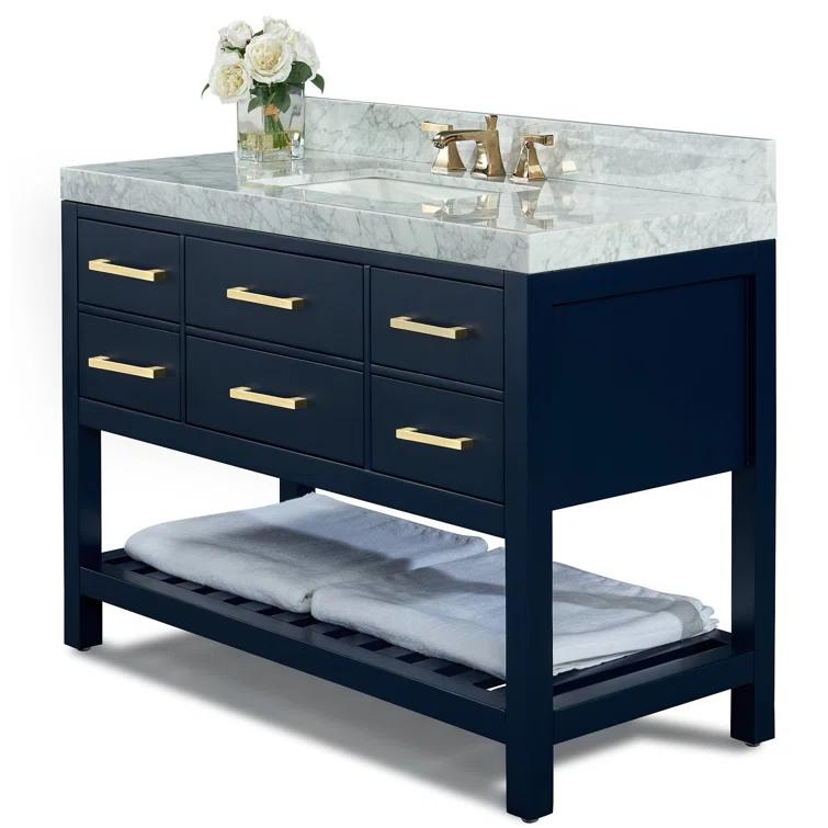 Ancerre Designs Elizabeth 48 in. Bath Vanity Set in White with Italian Carrara White Marble Vanity top and White Undermount Basin with Gold Hardware and 28 in. White Mirror | Perigold