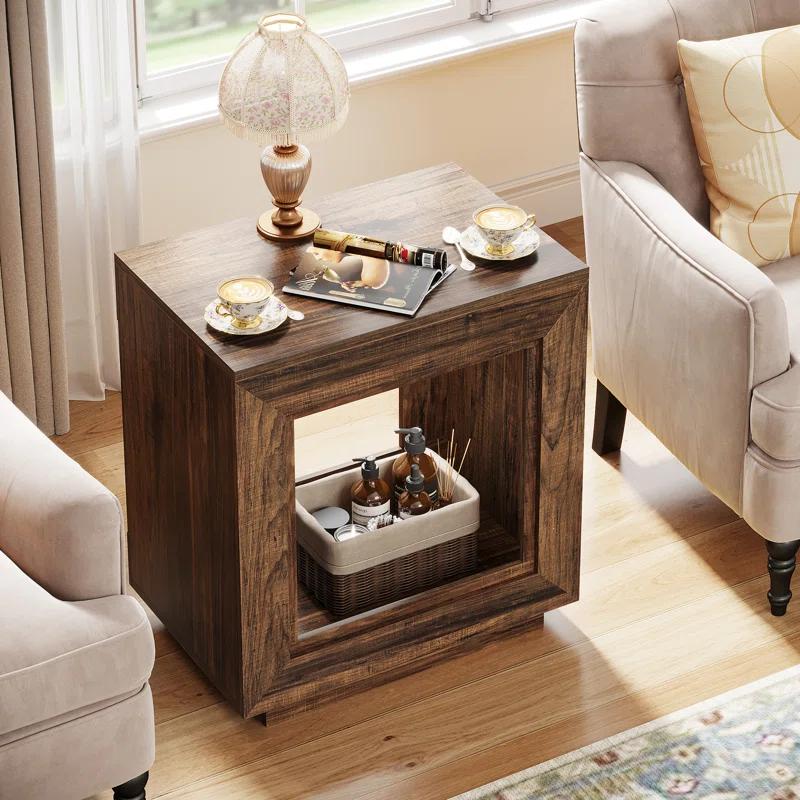 Loon Peak® Rustic Wood End Table, 2 Tiered Square Side Table With Storage Shelf, Industrial Sofa Side Table For Living Room, Entrance