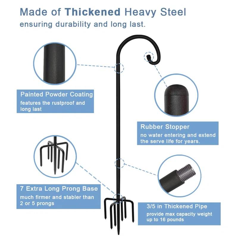 Arlmont & Co. Velsie 108 Inch Outdoor Shepherd Hook With 7 Prong Base (1 Pack), Adjustable Heavy Duty Garden Hanging Stake , Matte Black