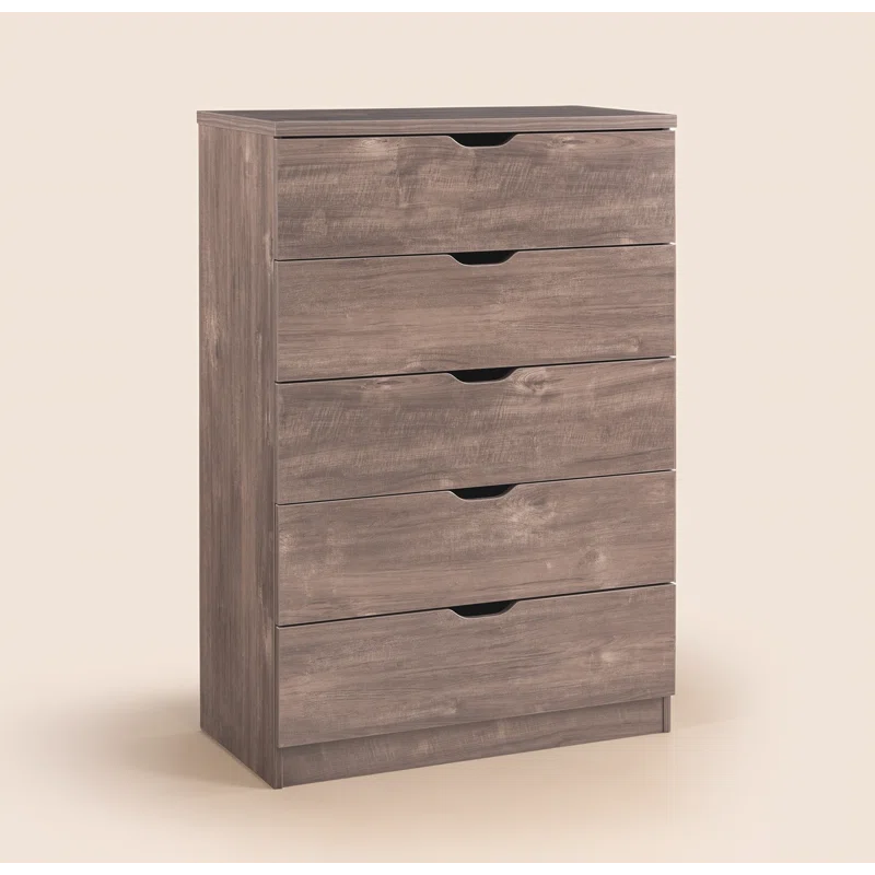 Modern five drawer clothes and storage chest cabinet with cutout handles in Hazelnut color
