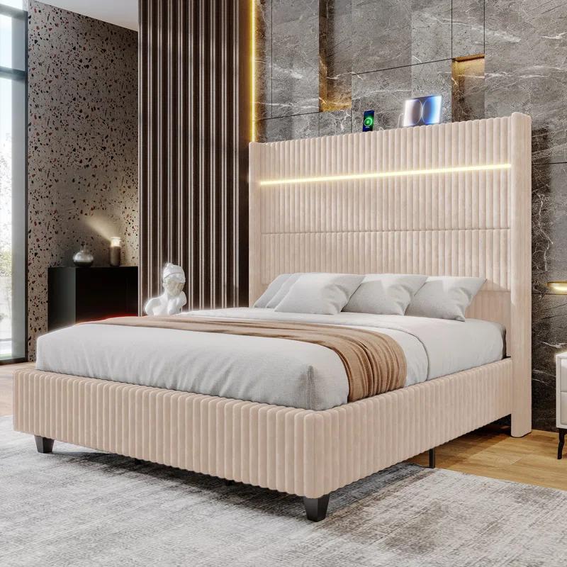 Ivy Bronx LED Bed Frame, Corduroy Upholstered Platform with 60" Tall Headboard & Charging Station