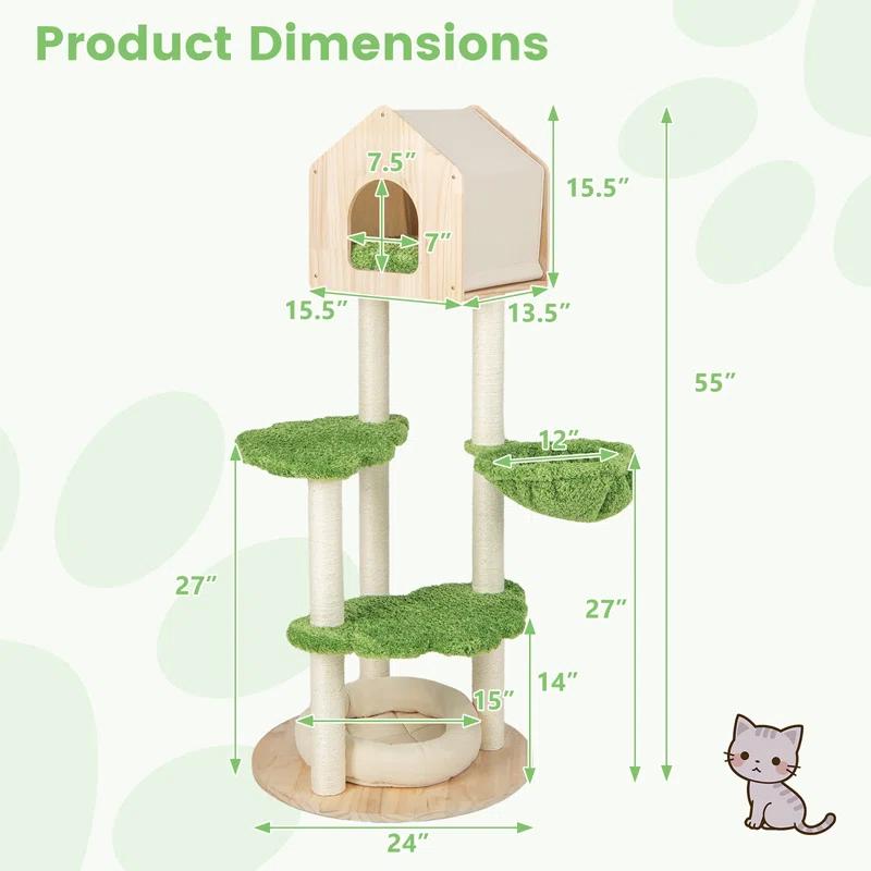 Latitude Run® Latitude Run® Wooden Cat Tree 55'' Tall Cat Climbing Stand W/ Sisal Scratching Posts Green