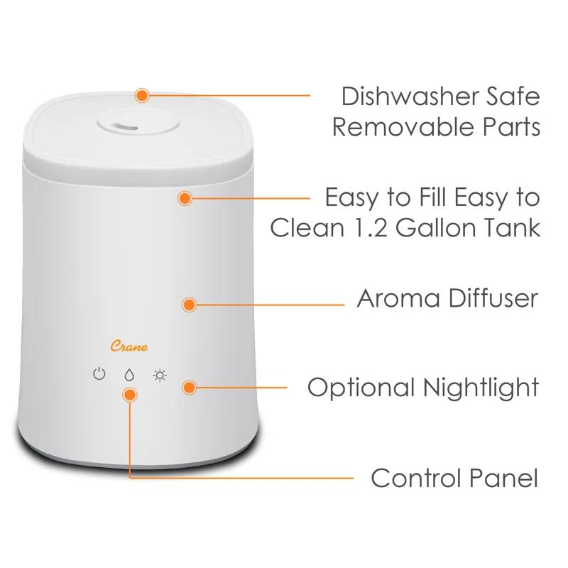 Crane USA 1.2 Gal. Cool Mist Ultrasonic Tabletop Humidifier 500 Sq. Ft., With Night Light, For Bedroom