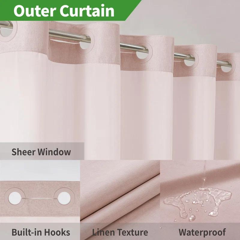 Latitude Run® No Hooks Needed Linen Textured Shower Curtain with Snap-in Fabric Liner Set,with Mesh Top Window