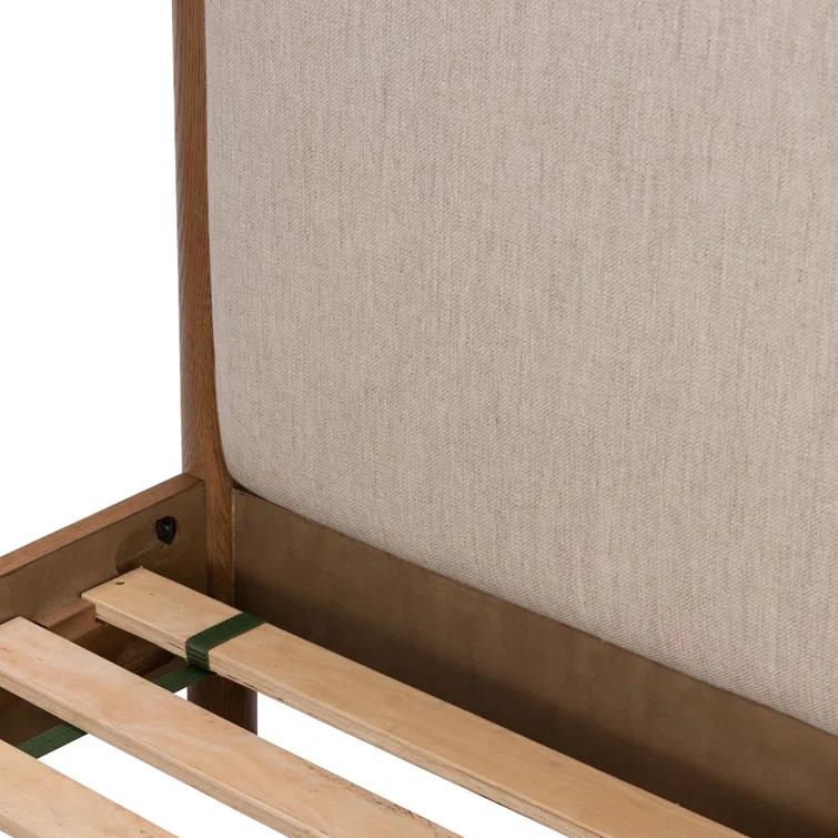 Queen Oak Upholstered Headboard Bed with Slats