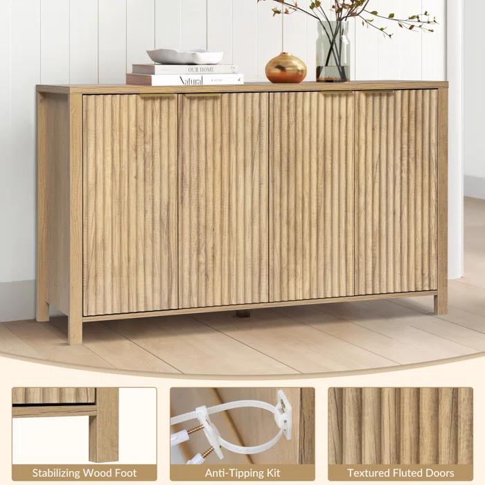 Ebern Designs Fluted Buffet Sideboard Cabinet with Storage, Modern Wave Fluted Buffet Credenza with Adjustable Shelves, 4 Door Accent Bar Cabinets Console Table