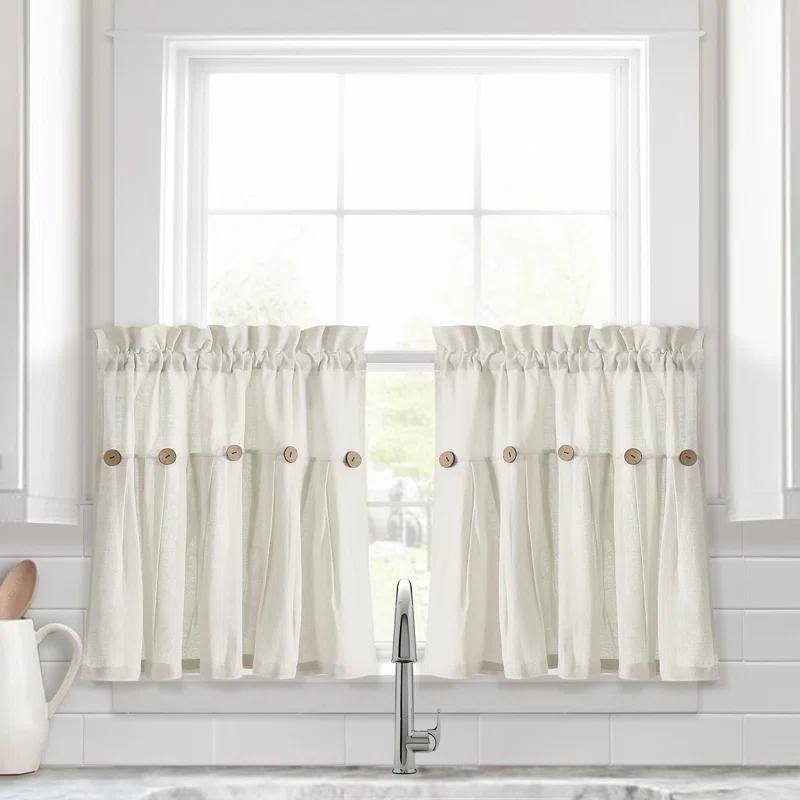 Lush Decor Linen Button Cotton Blend Tailored 29'' W Cafe Curtain (Set of 2)
