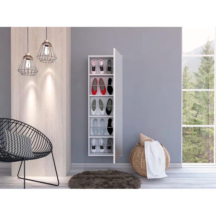Hokku Designs Domanique Wall-Mounted Shoe Storage Cabinet with Mirror - Space-Saving 10-Pair Capacity, Single Door Entryway Organizer for Hallway, Closet, Apartment