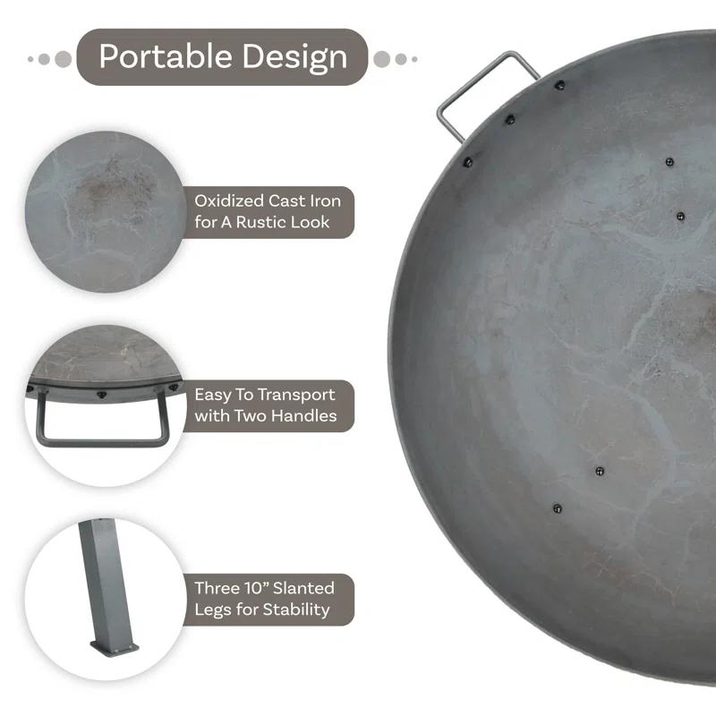 SunnyDaze Decor Union Round Wood-Burning Steel Finish Cast Iron Outdoor Raised Fire Pit Bowl
