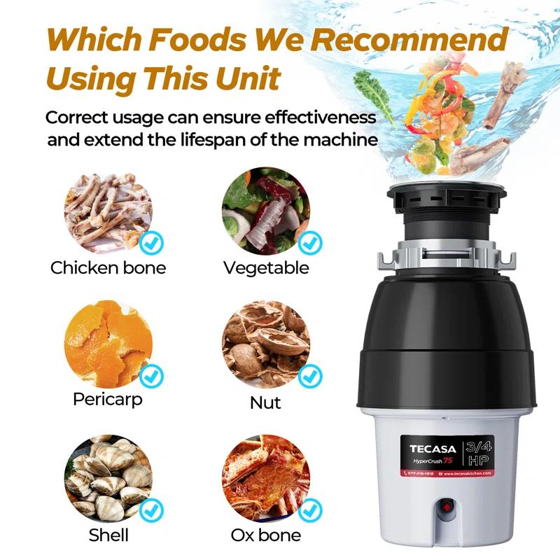 3/4 Hp Garbage Disposals, 2700 Rpm, 37 Oz, 115v, With Power Cord