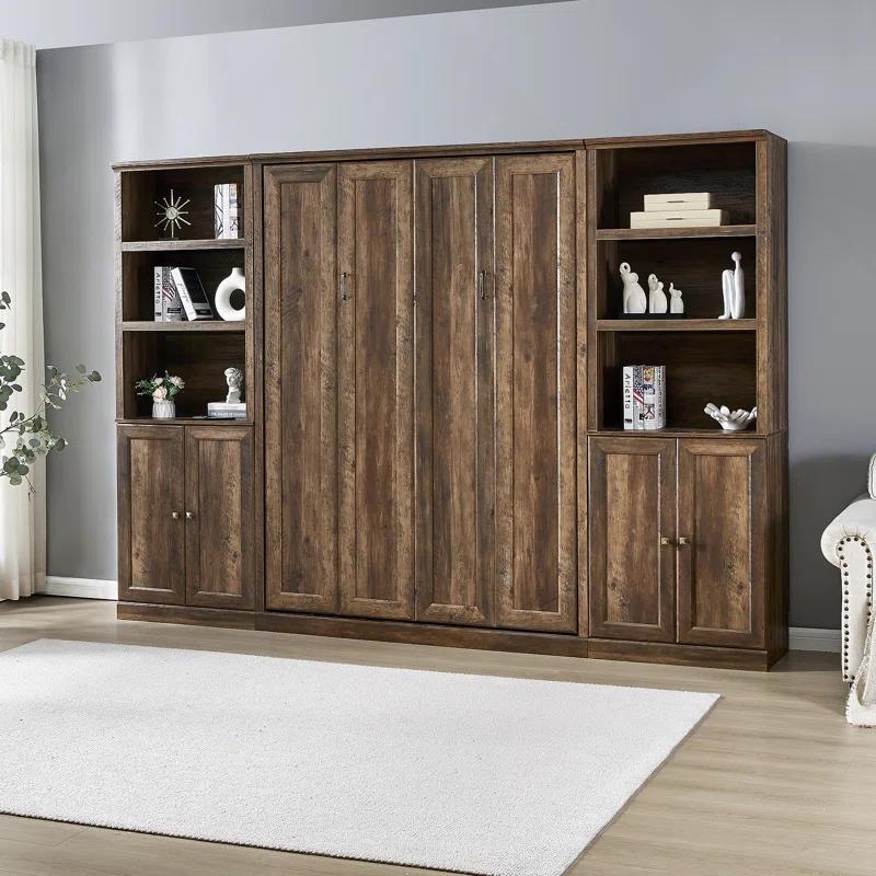LOONGFIELD Full Size Half Self-Close And Open Murphy Bed With 2 Side Cabinet Storage Shelf, Cabinet Space-Saving Bed Perfect For Guest Room, Bed Room, Guest Room, Home Office
