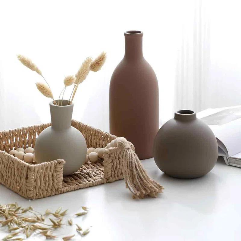 Bungalow Rose Ceramic Vase Set of 3, Vases Home Decor Rustic Vase Decor Vase Terra Cotta Pottery Vases