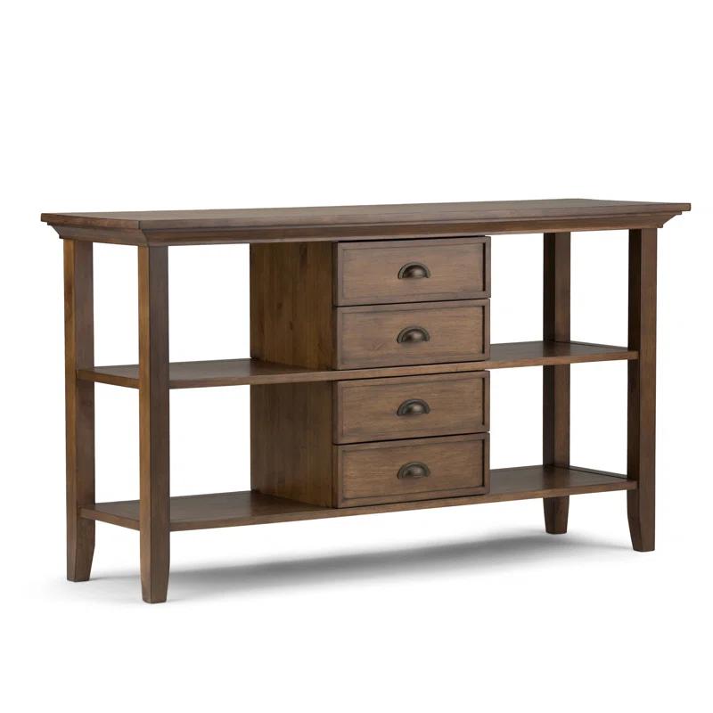 Simpli Home Redmond 54"W Solid Wood Storage Console Table with 4 Center Drawers and Open Shelves