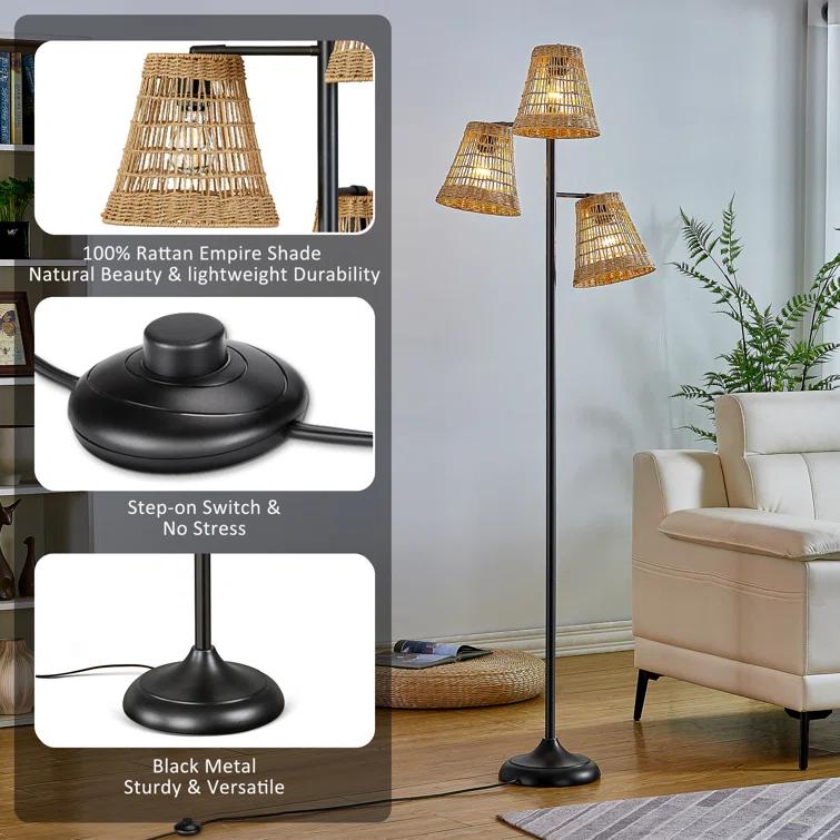 Winston Porter 72.25 in. Black Traditional Foot Switch 3 Light Metal For Living Room Bedroom Reading Standing Up Single Rattan Tree Floor Lamp Corner Tall Lights