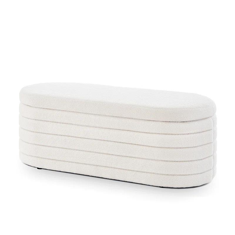 Modern Oval Storage Ottoman Bench, Upholstered Boucle Teddy Fabric End Of Bed Bench With Storage, End Of Bed Stool With Safety Hinge For Bedroom, Living Room, Entryway