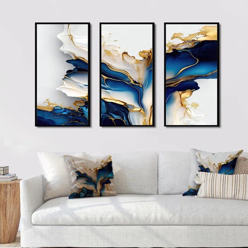 Design Art " Abstract Geode Gold And Blue Marble Shape III " 3 - Pieces