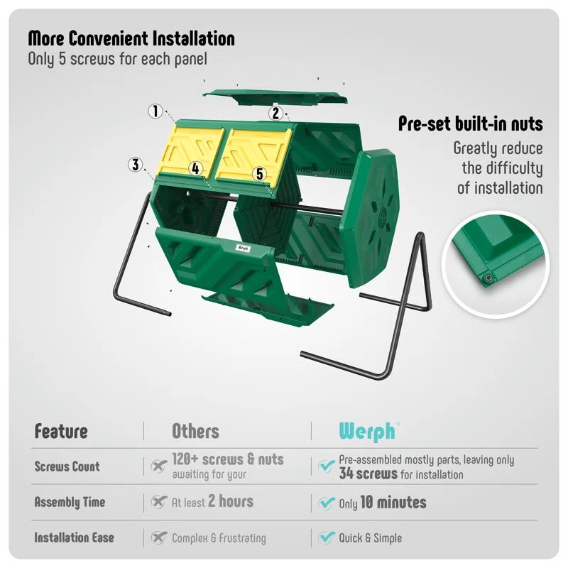 werph Werph 43 Gallon Dual Chamber Compost Tumbler Bin - Outdoor Rolling Composter with 2 Sliding Doors