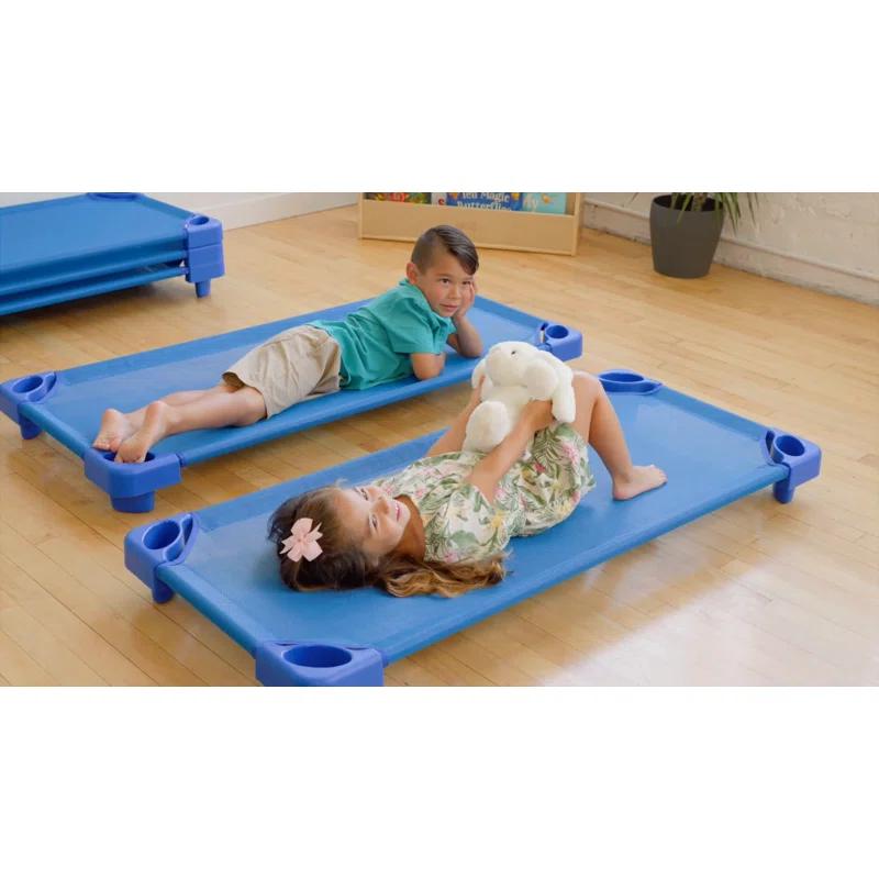 ECR4Kids ECR4Kids Stackable Kiddie Cot with Sheet, Classroom Furniture, Blue (Set of 6)