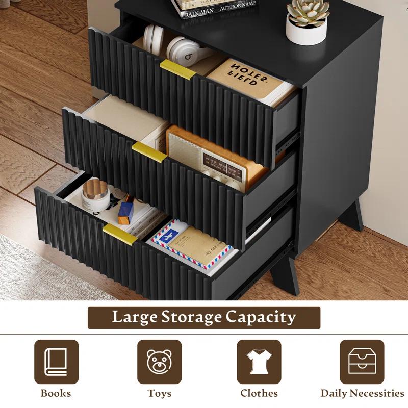 George Oliver Fluted Dresser For Bedroom With 3 Drawers Dresser Organizer, 23.6''W Wood Wide Chest of Drawers