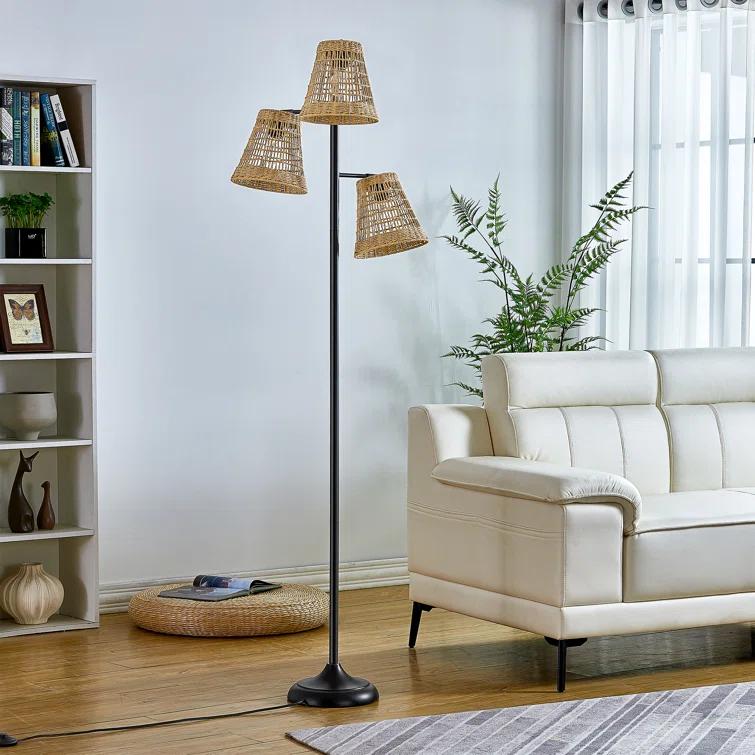 Winston Porter 72.25 in. Black Traditional Foot Switch 3 Light Metal For Living Room Bedroom Reading Standing Up Single Rattan Tree Floor Lamp Corner Tall Lights