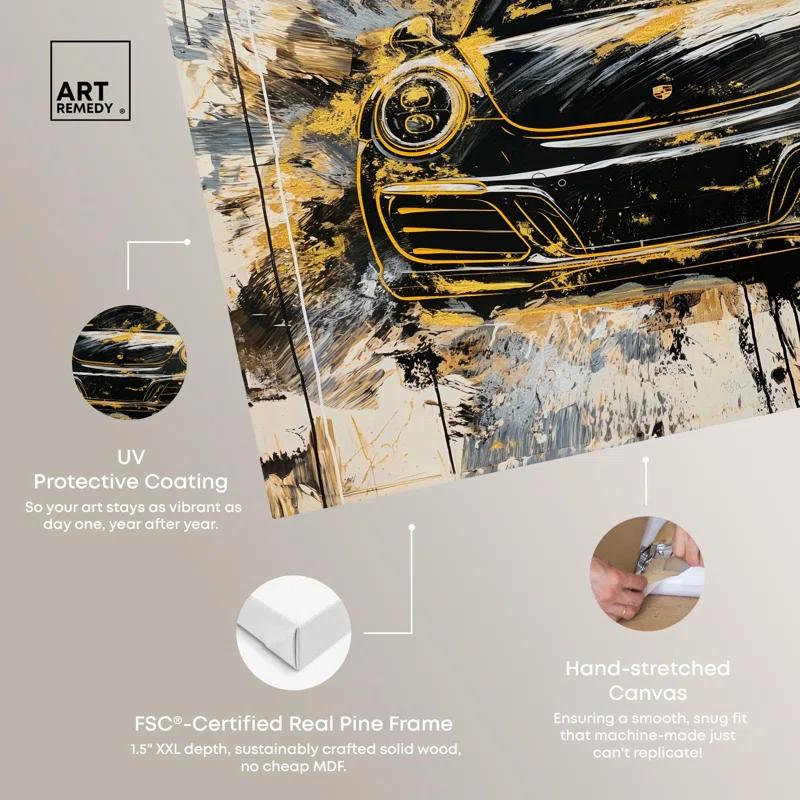 Art Remedy Sleek Yellow Porsche II Canvas Lux Car Paintings by Art Remedy