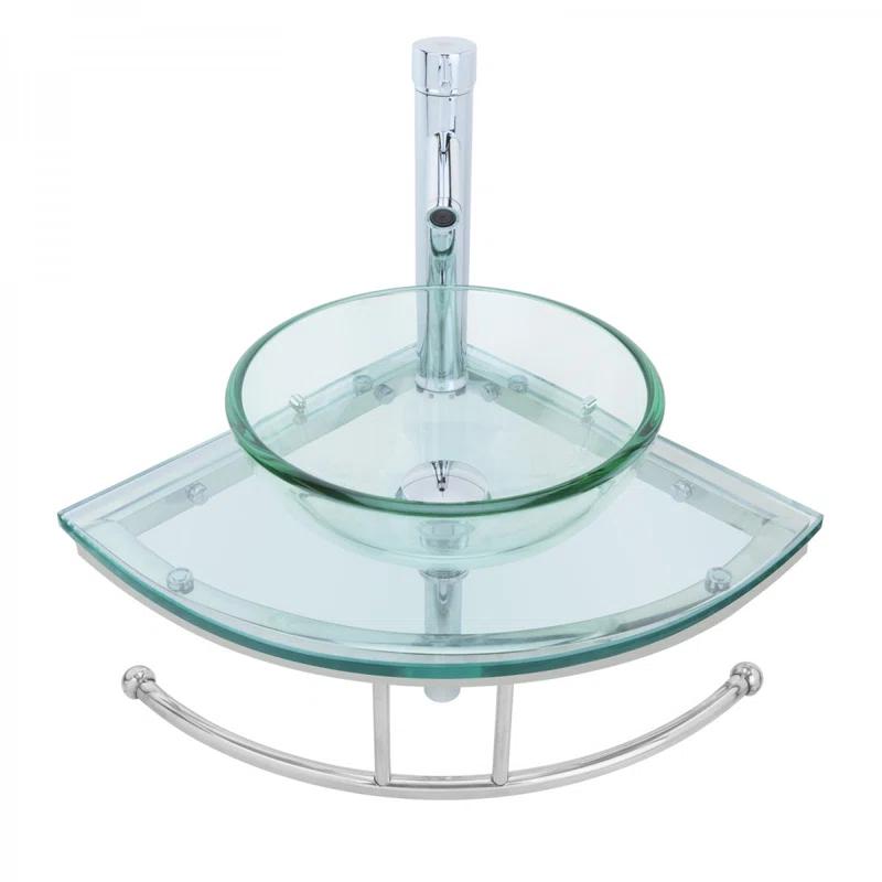 The Renovators Supply Inc. 10889 Round Corner Glass Wall Mount Bathroom Vessel Sink with Chrome Faucet Towel Bar