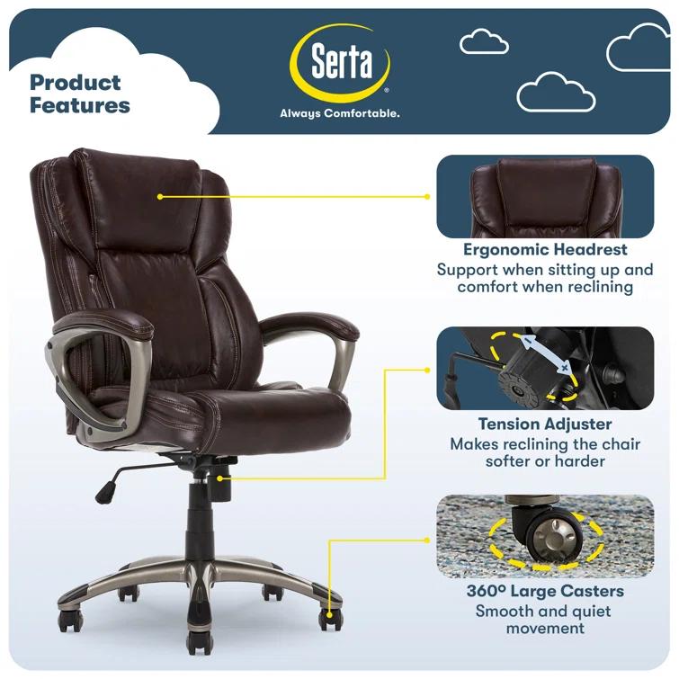 Serta Serta Garret Executive Office Chair, Ergonomic Lumbar Support, Semi-Plush Cushion, Body Pillows