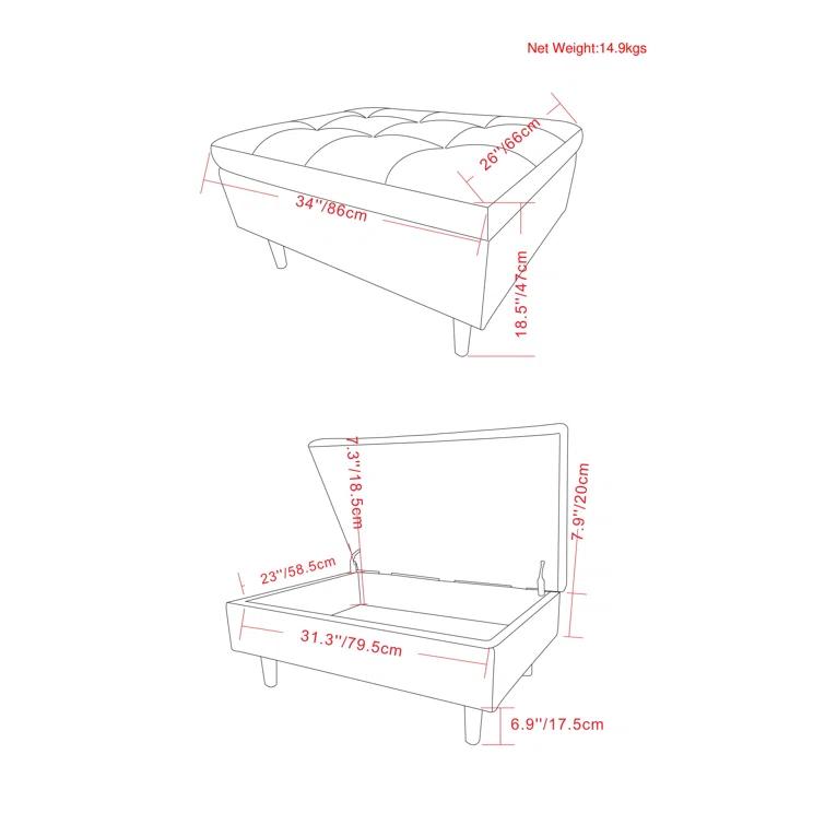 Simpli Home Shay 34"W Upholstered Coffee Table Storage Ottoman with Lift Top and Tufted Detailing
